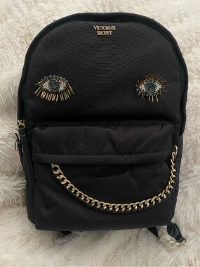 Victoria's Secret Black Beaded Eye Backpack with Gold Chain